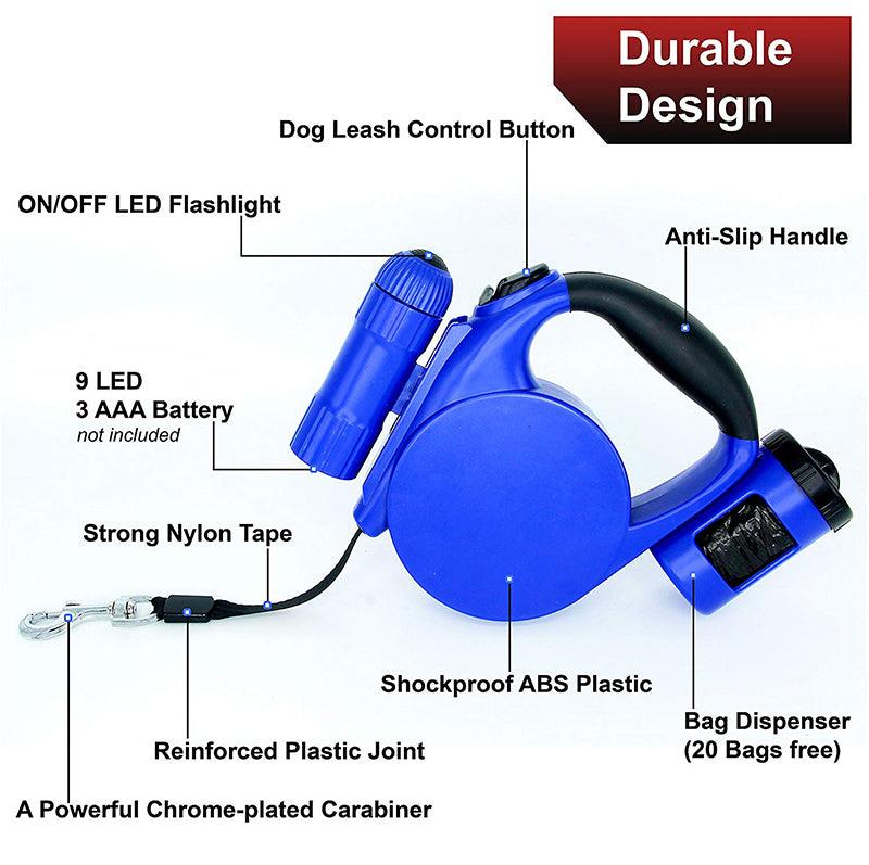 Correa retráctil para perros Nightwalk de 4,5 m con luz LED y dispensador de bolsas para excrementos.
